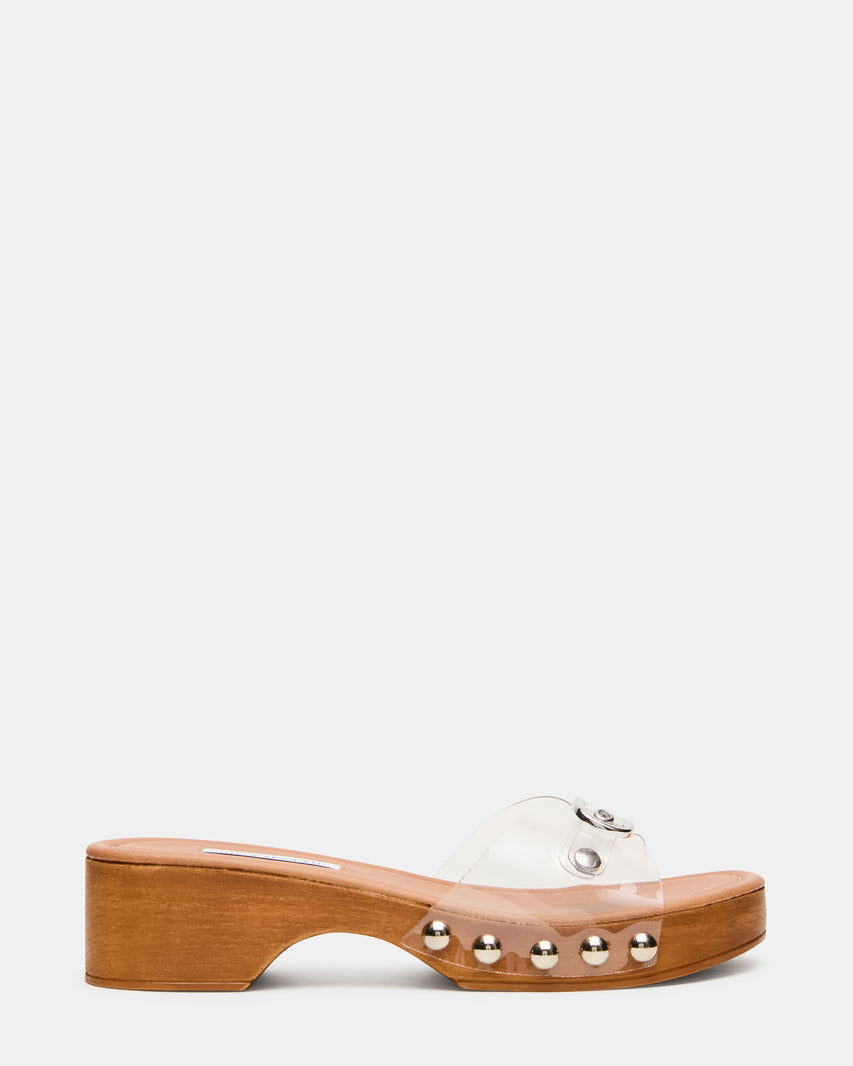 FREDI Clear Mule Buckle Studded Platform Wood-Bottom Women's Sandal | Steve Madden