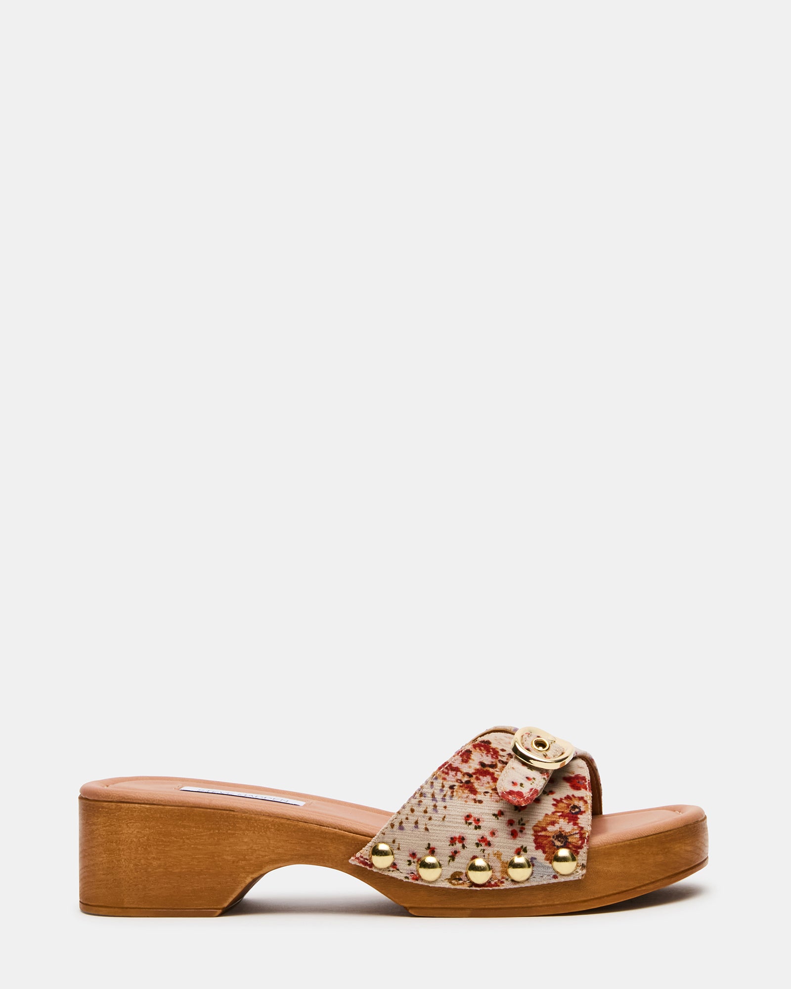 FREDI Floral Mule Buckle Studded Platform Wood-Bottom Women's Sandal | Steve Madden