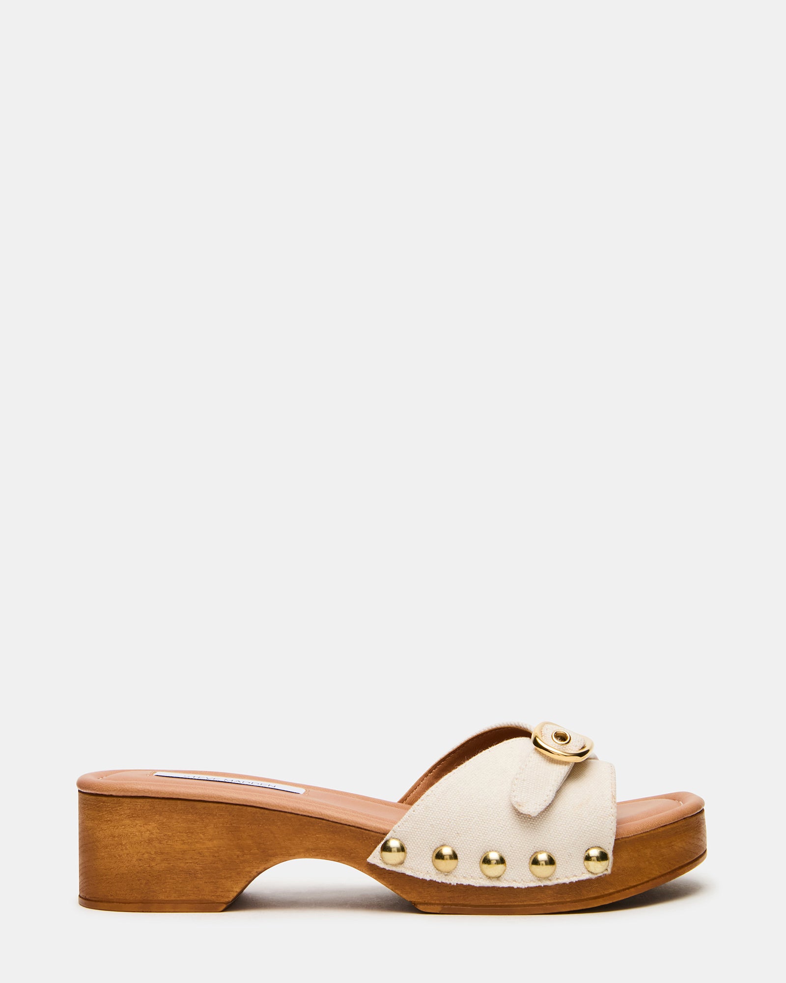 FREDI Linen Mule Buckle Studded Platform Wood-Bottom Women's Sandal | Steve Madden