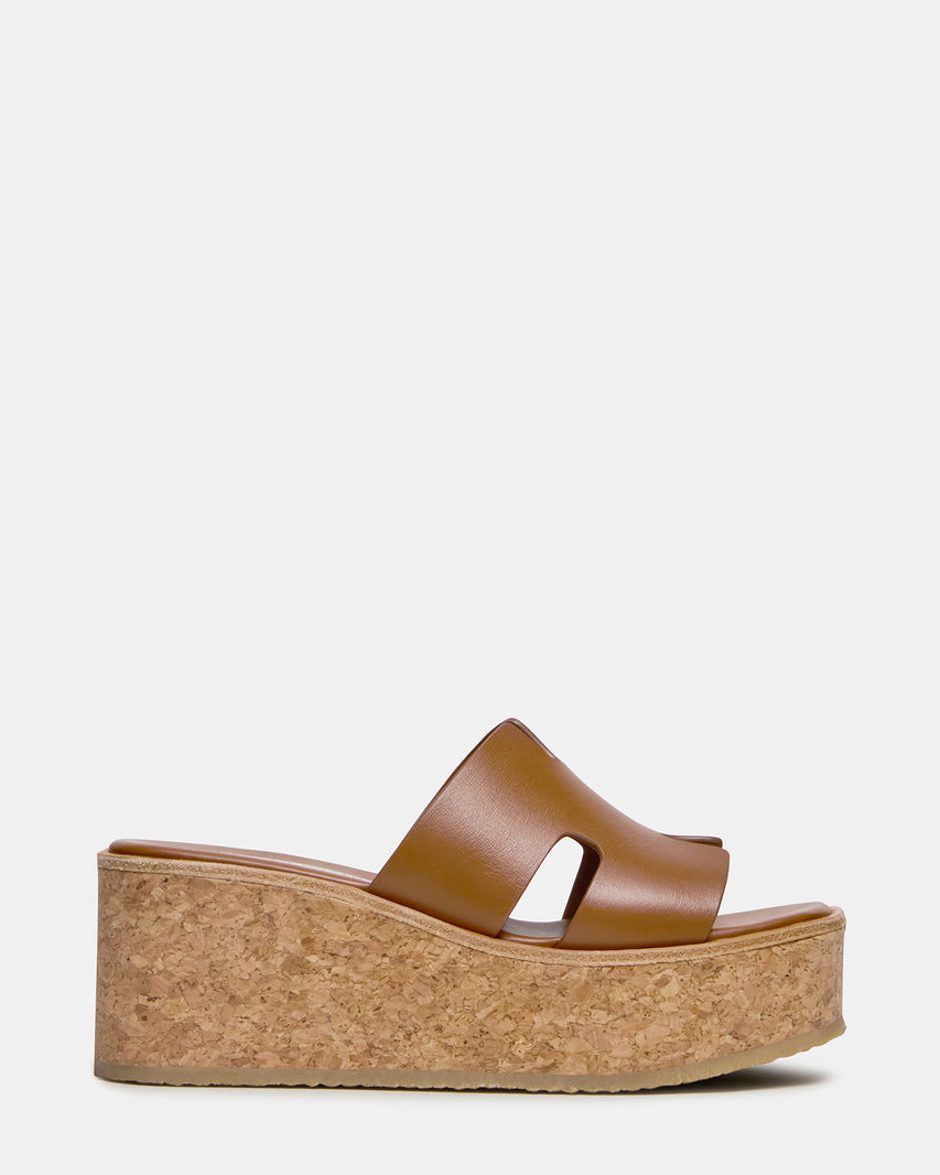 HARMONY Cognac Leather Wedge Mule Cork Platform Women's Sandal | Steve Madden