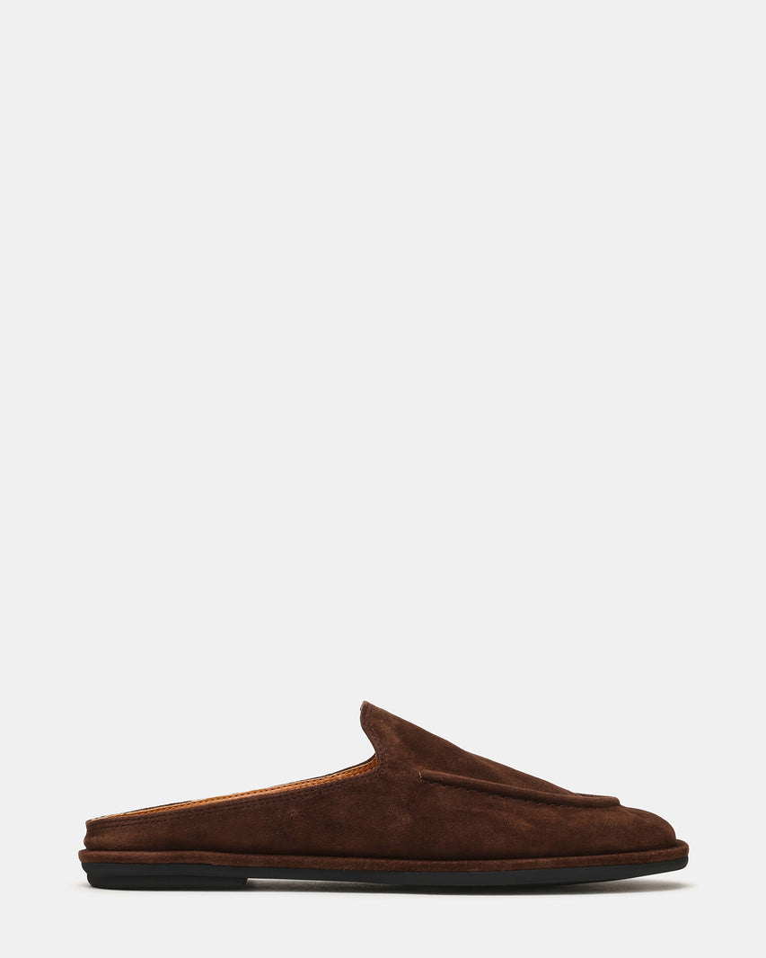 HARRINGTON Chocolate Brown Suede Slip-On Mule Women's Flat | Steve Madden