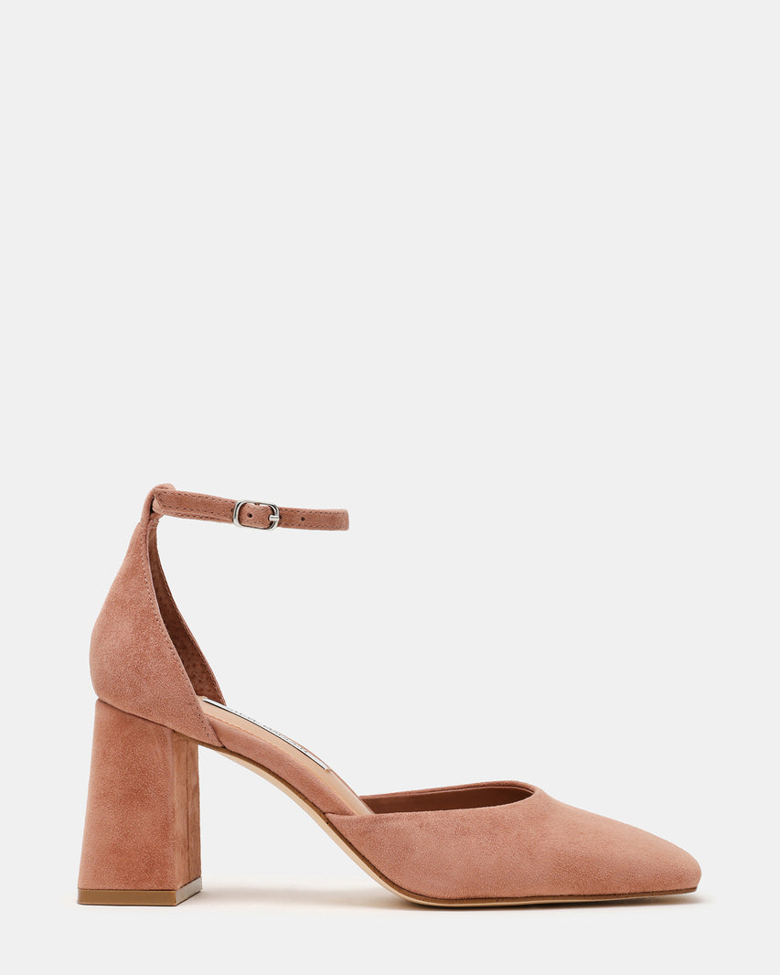 HARTLYN Mocha Suede Square-Toe Ankle Strap Women's Block Heel | Steve Madden