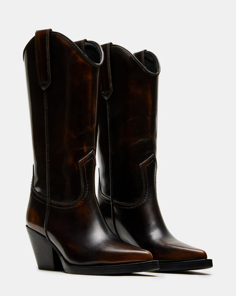 HUXLEY Brown Leather Sleek Western Boot | Women's Boots – Steve Madden