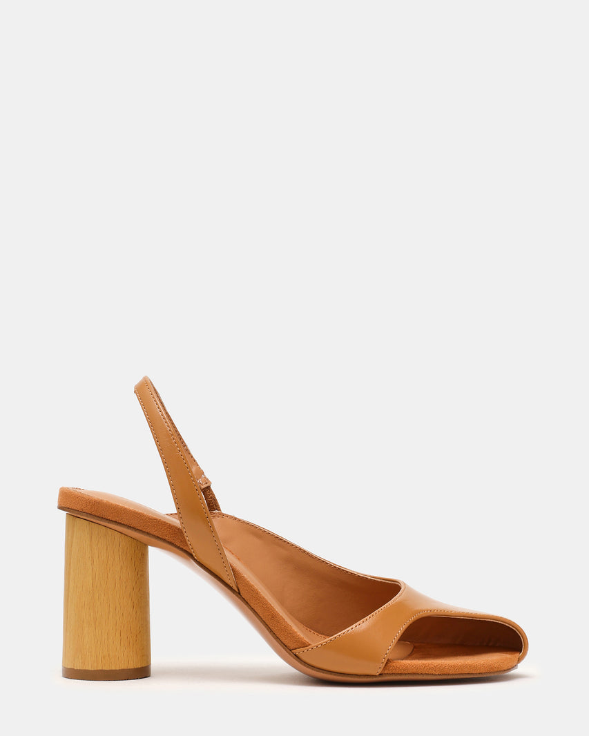 JANINE Tan Leather Cut-Out Slingback Women's Block Heel | Steve Madden