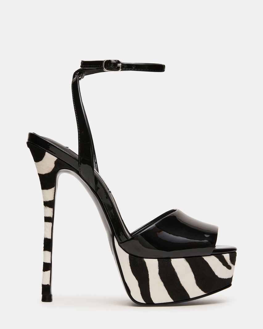 JEZZICA Black/Zebra Platform Stiletto Ankle Strap Women's Heel | Steve Madden
