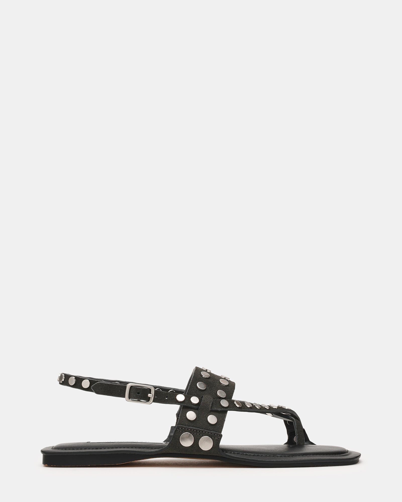 KAELI Dark Grey Suede Dome-Studs Toe-Strap Square-Toe Women's Sandals | Steve Madden