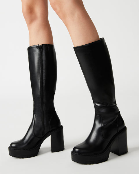 KATALINA Black Knee High Block Heel Lug Sole Boot | Women's Boots ...