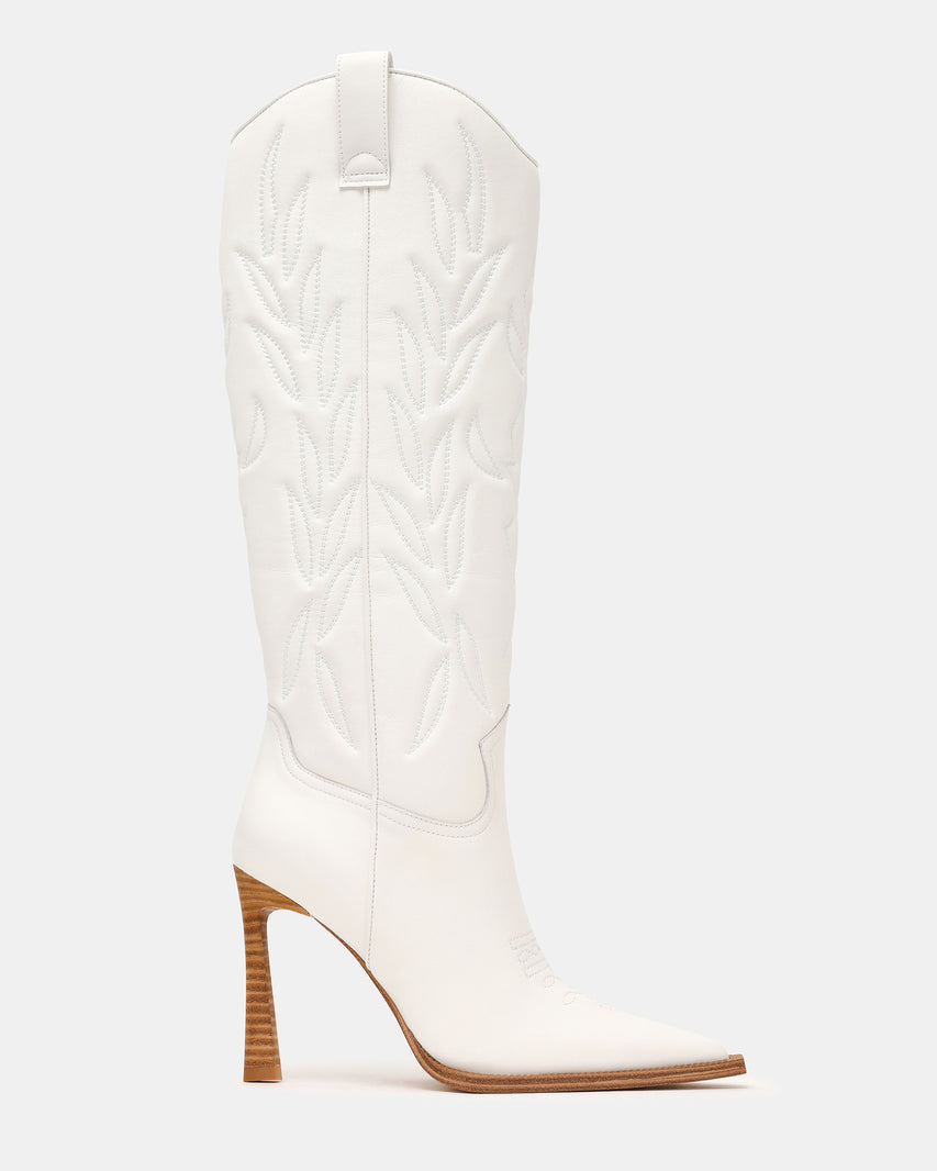 KINZEE White Leather Pointed-Toe Knee-High Western Stiletto Women's Boot | Steve Madden