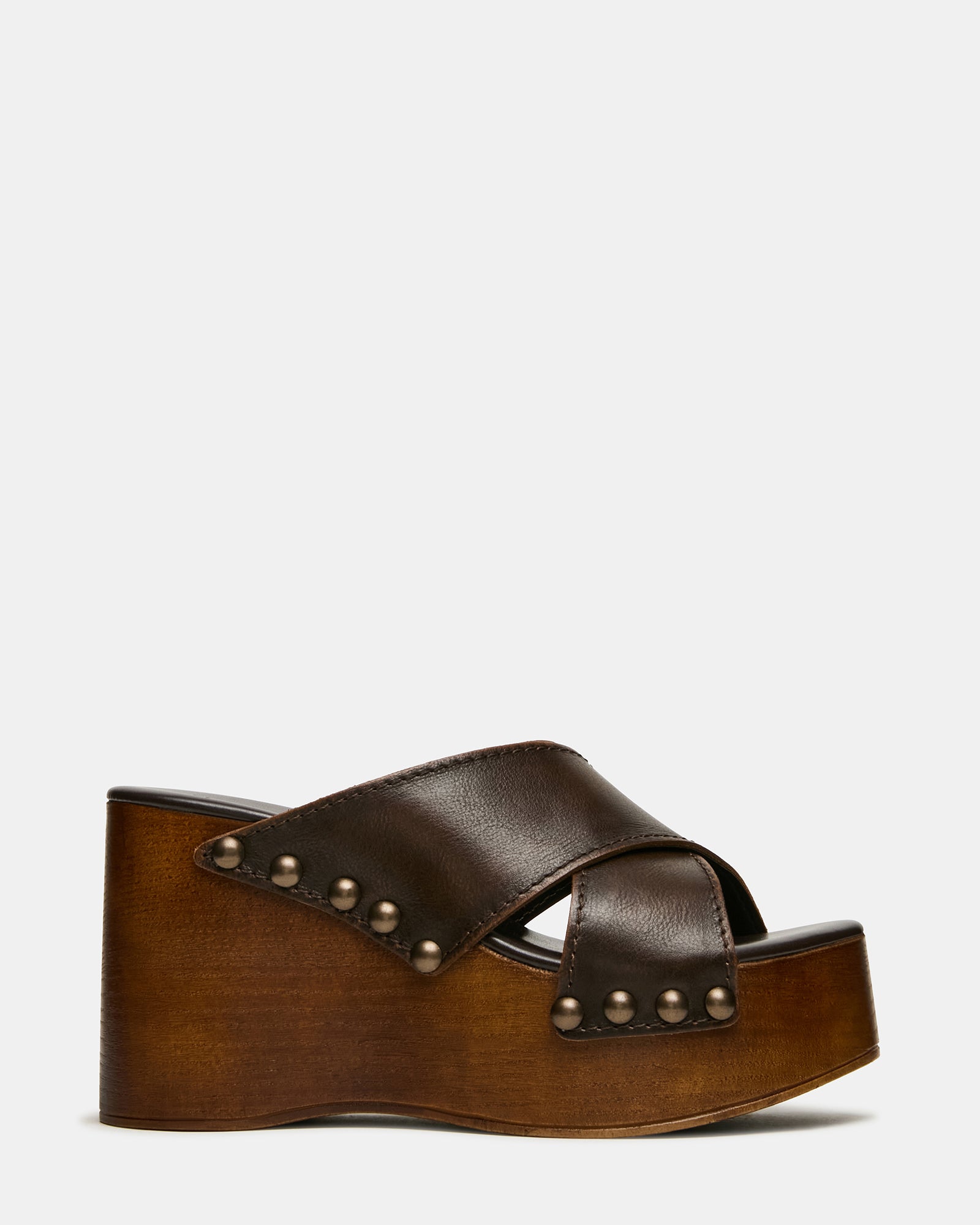 KOKO Brown Leather Mule Platform Wedge Studded Women's Sandal | Steve Madden