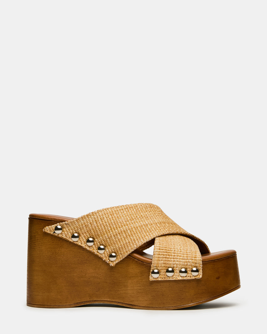 KOKO Natural Raffia Mule Platform Wedge Studded Women's Sandal | Steve Madden
