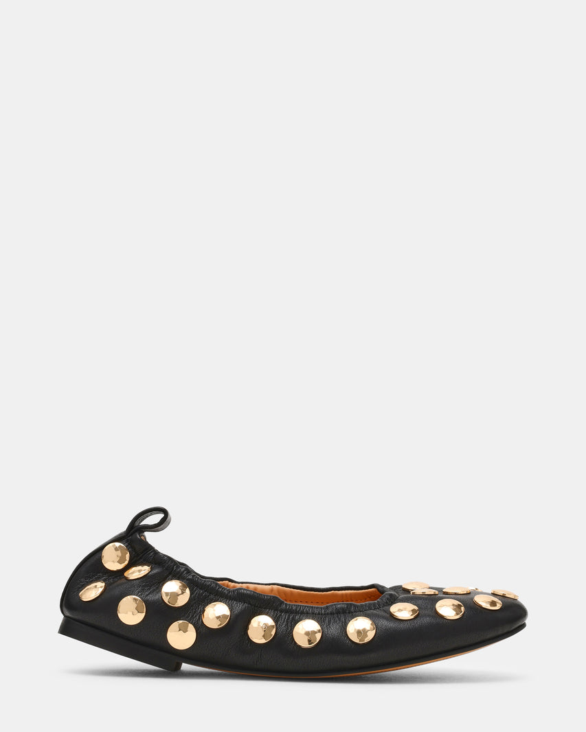 LANTA Black Leather Studded Gold-Detail Round-Toe Women's Flat | Steve Madden