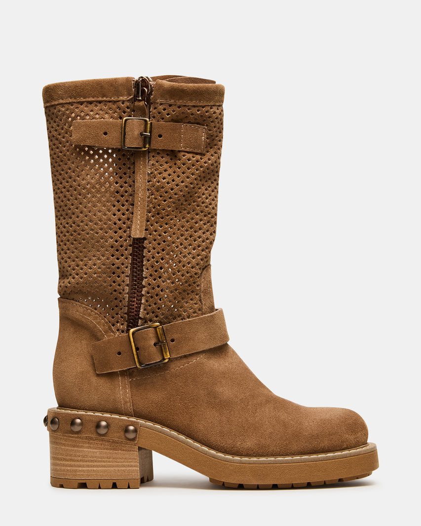 LARK Chestnut Suede Square-Toe Perforated Block Heel Women's Boot | Steve Madden