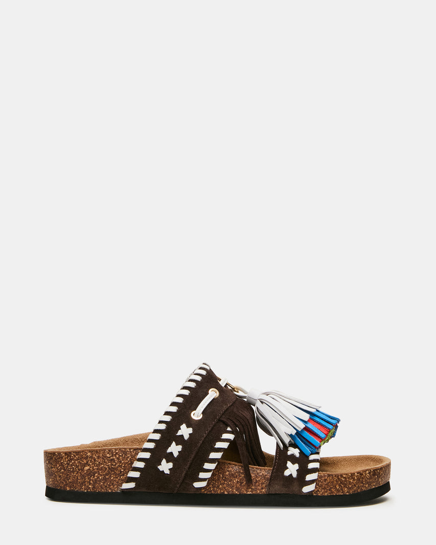 LESTER Brown Multi Footbed Slide Tassel Fringe Women's Sandal | Steve Madden
