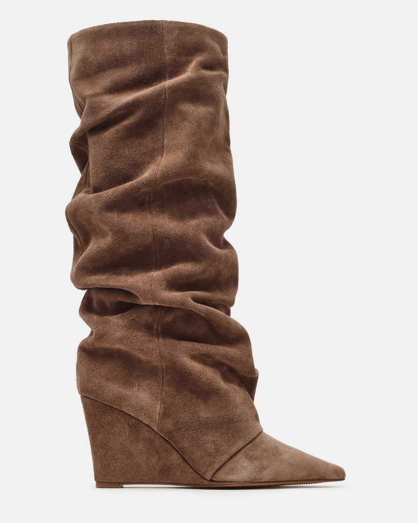 LIBERTY Taupe Suede Pointed-Toe Fold-Over Knee-High Women's Boot | Steve Madden