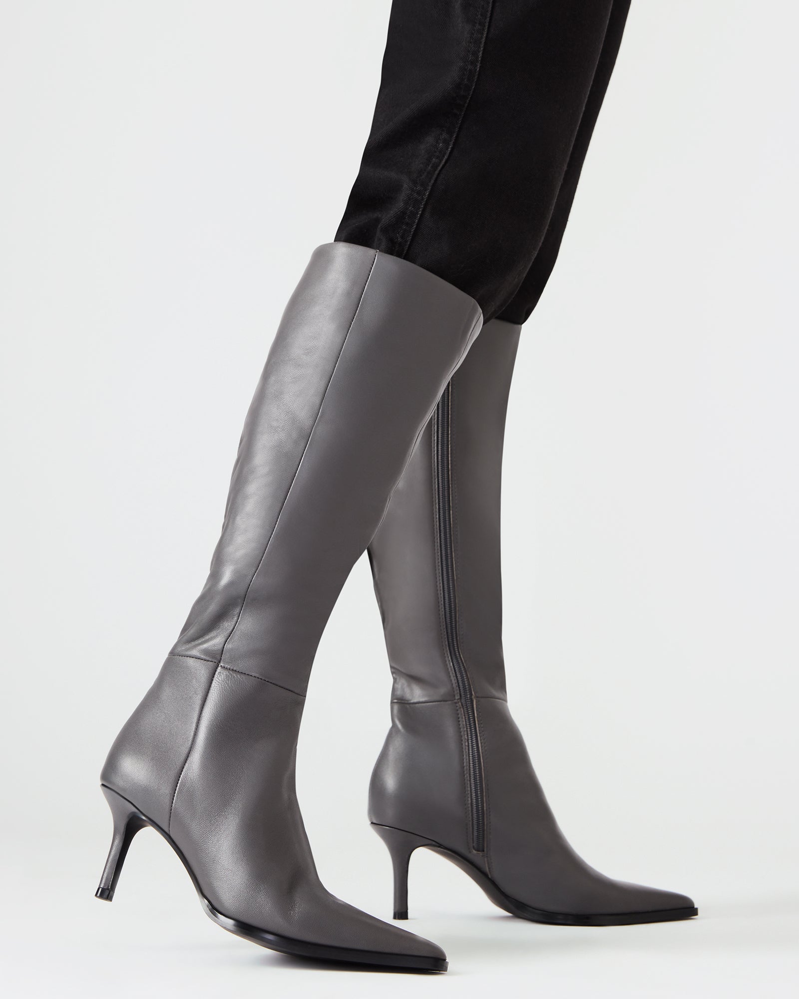 LINGO Grey Leather Pointed-Toe Knee-High Women's Boot Steve Madden LINGO Grey Leather Pointed-Toe Knee-High Women's Boot Steve Madden