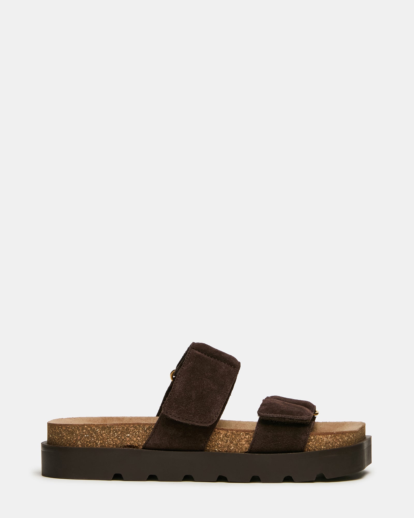 LUTHER Brown Suede Velcro Strap Slip-On Square-Toe Women's Sandals | Steve Madden