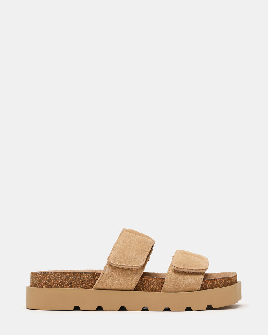 LUTHER Taupe Suede Velcro Strap Slip-On Square-Toe Women's Sandals | Steve Madden