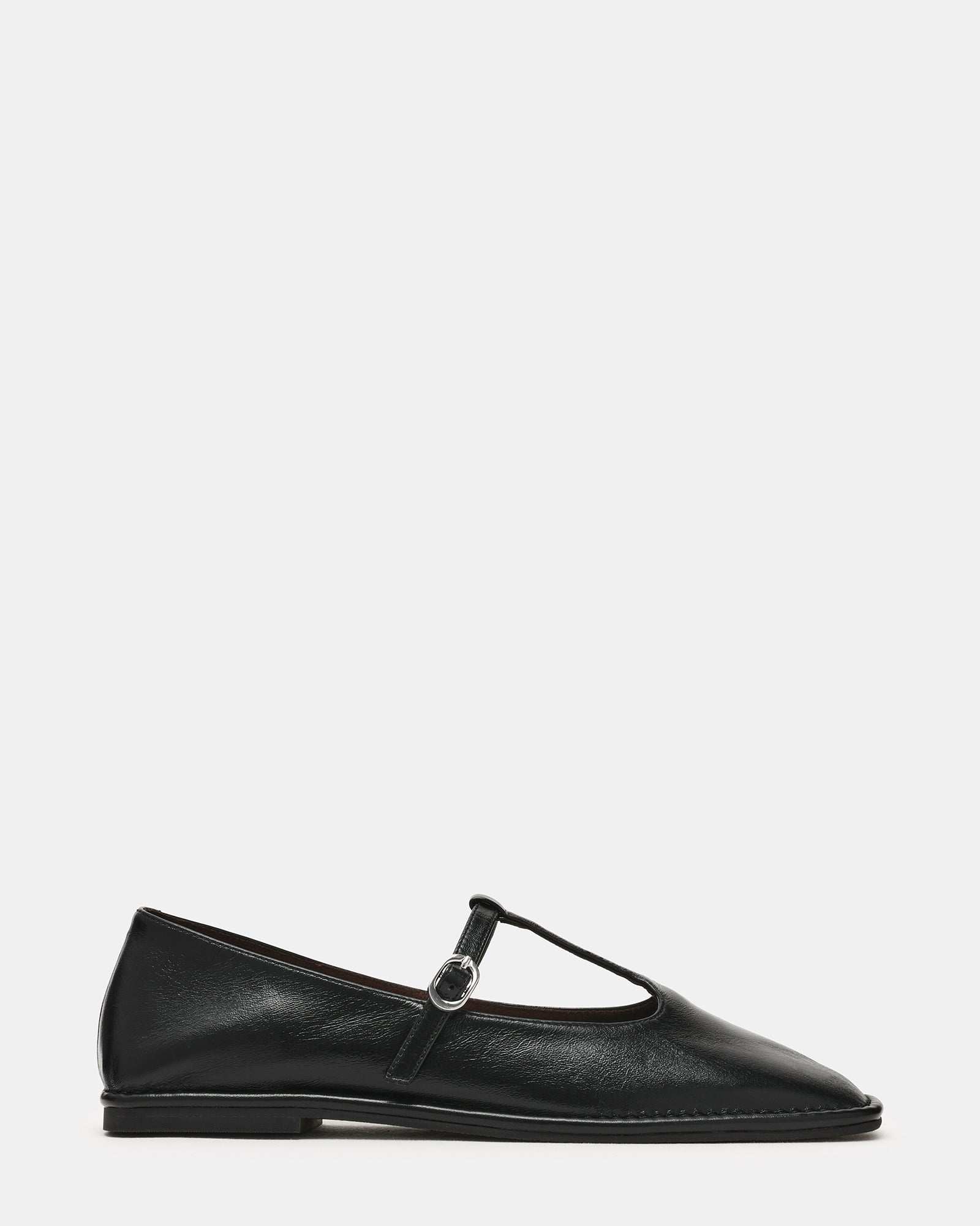 MACBETH Black Leather T-Strap Square-Toe Ballet Women's Flat | Steve Madden