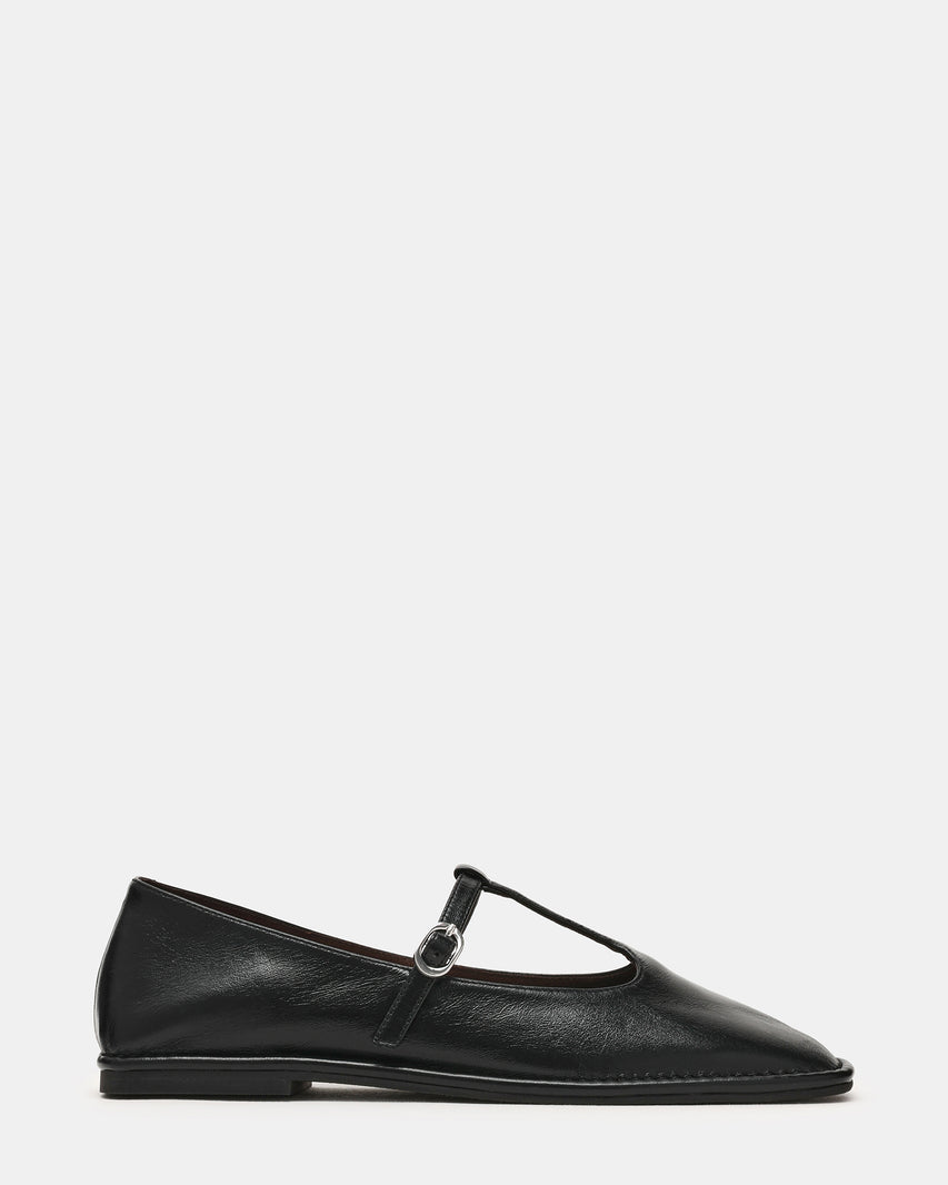 MACBETH Black Leather T-Strap Square-Toe Ballet Women's Flat | Steve Madden