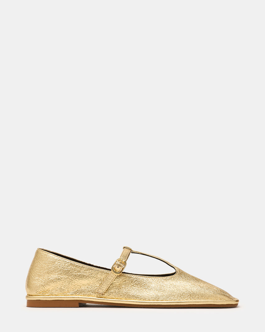 MACBETH Gold Leather T-Strap Square-Toe Ballet Women's Flat | Steve Madden