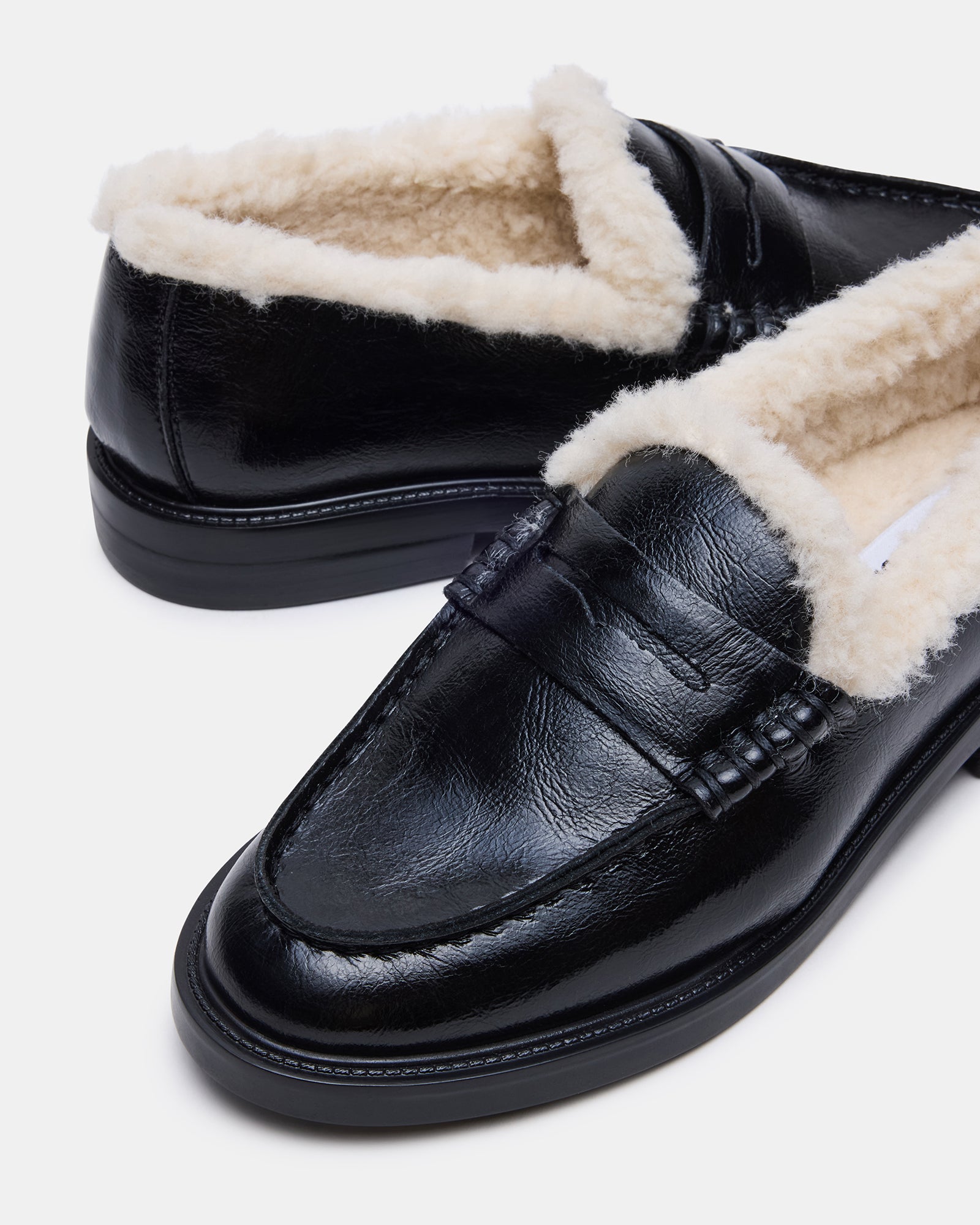 MADISON Faux Fur Black Leather Women's Penny Loafer Steve Madden MADISON Faux Fur Black Leather Women's Penny Loafer Steve Madden