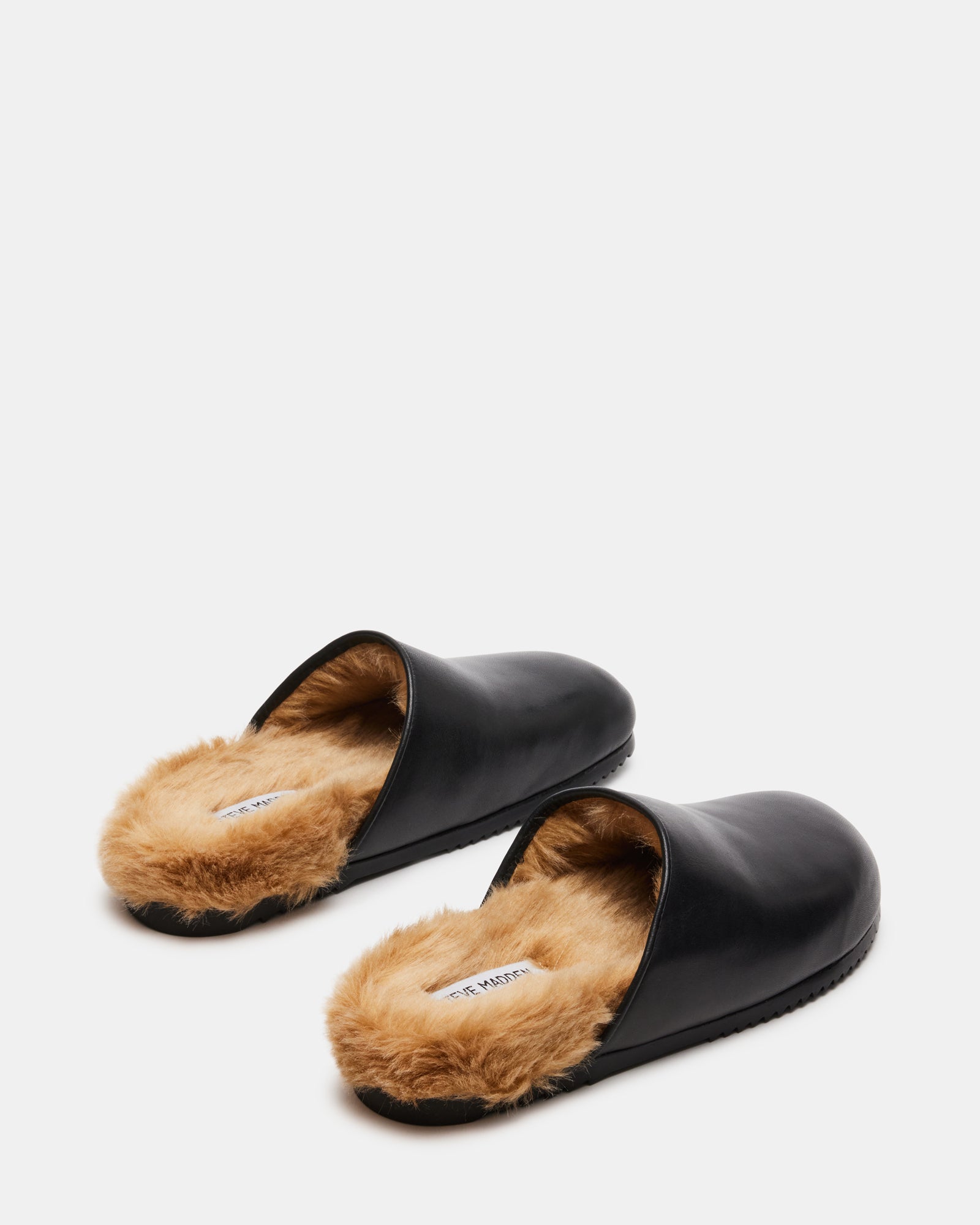 MASIN Black Leather Faux Fur SlipOn Clog Women's Slides Steve Madden