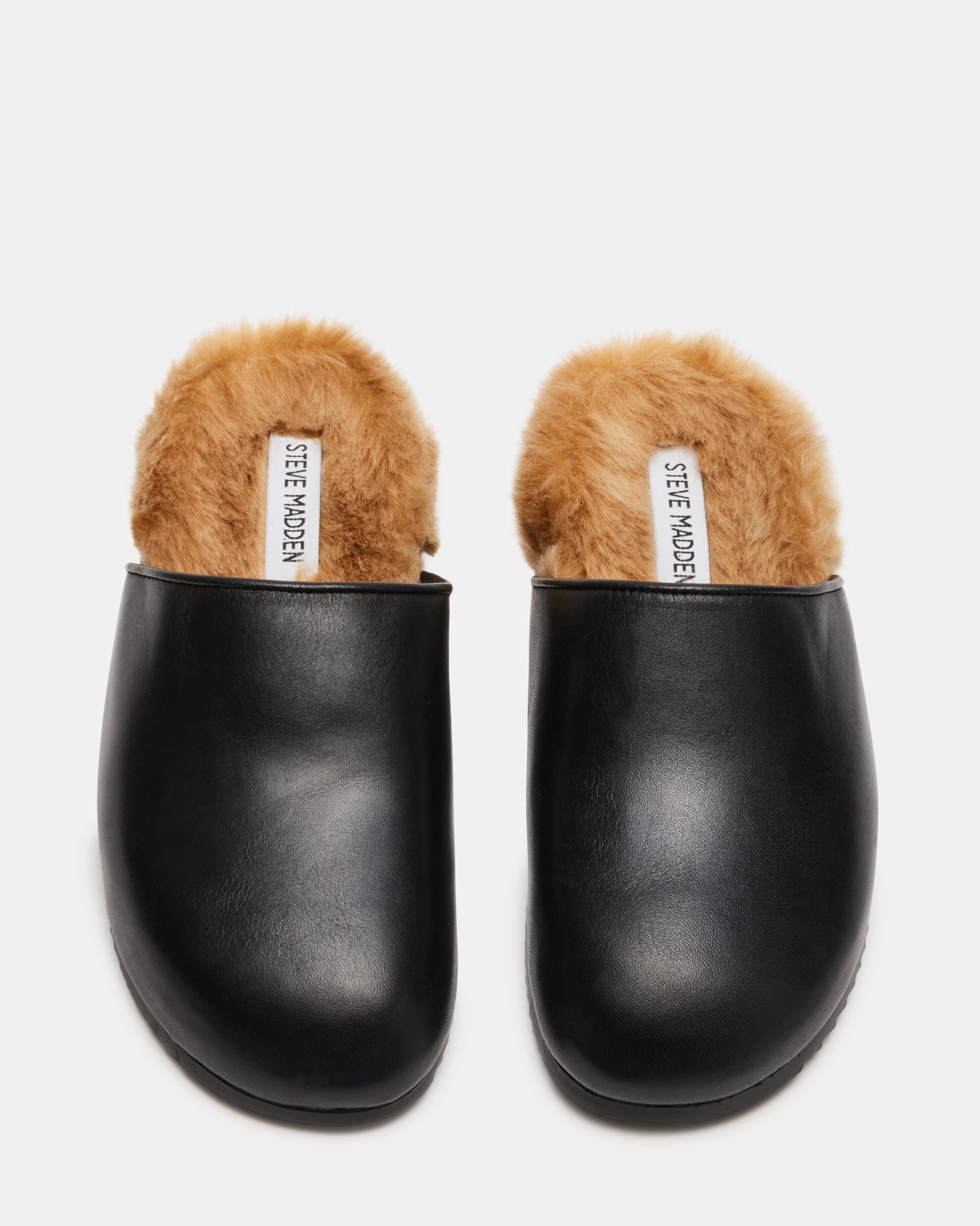 MASIN Black Leather Faux Fur SlipOn Clog Women's Slides Steve Madden