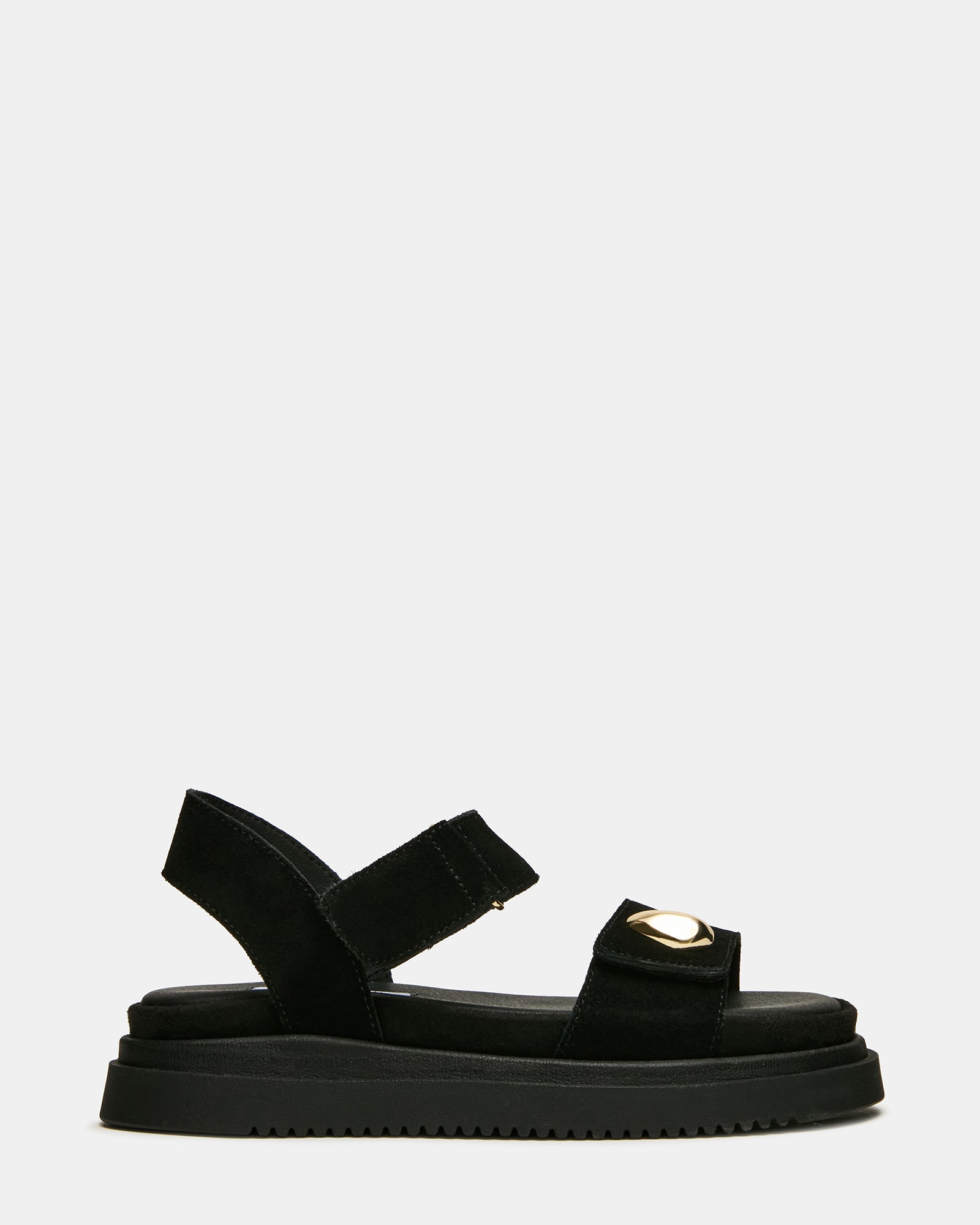 MATINE Black Suede Footbed Gold-Detail Platform Women's Sandal | Steve Madden
