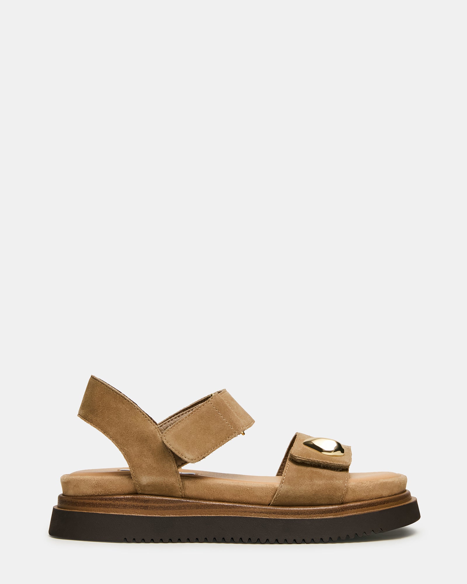 MATINE Taupe Suede Footbed Gold-Detail Platform Women's Sandal | Steve Madden
