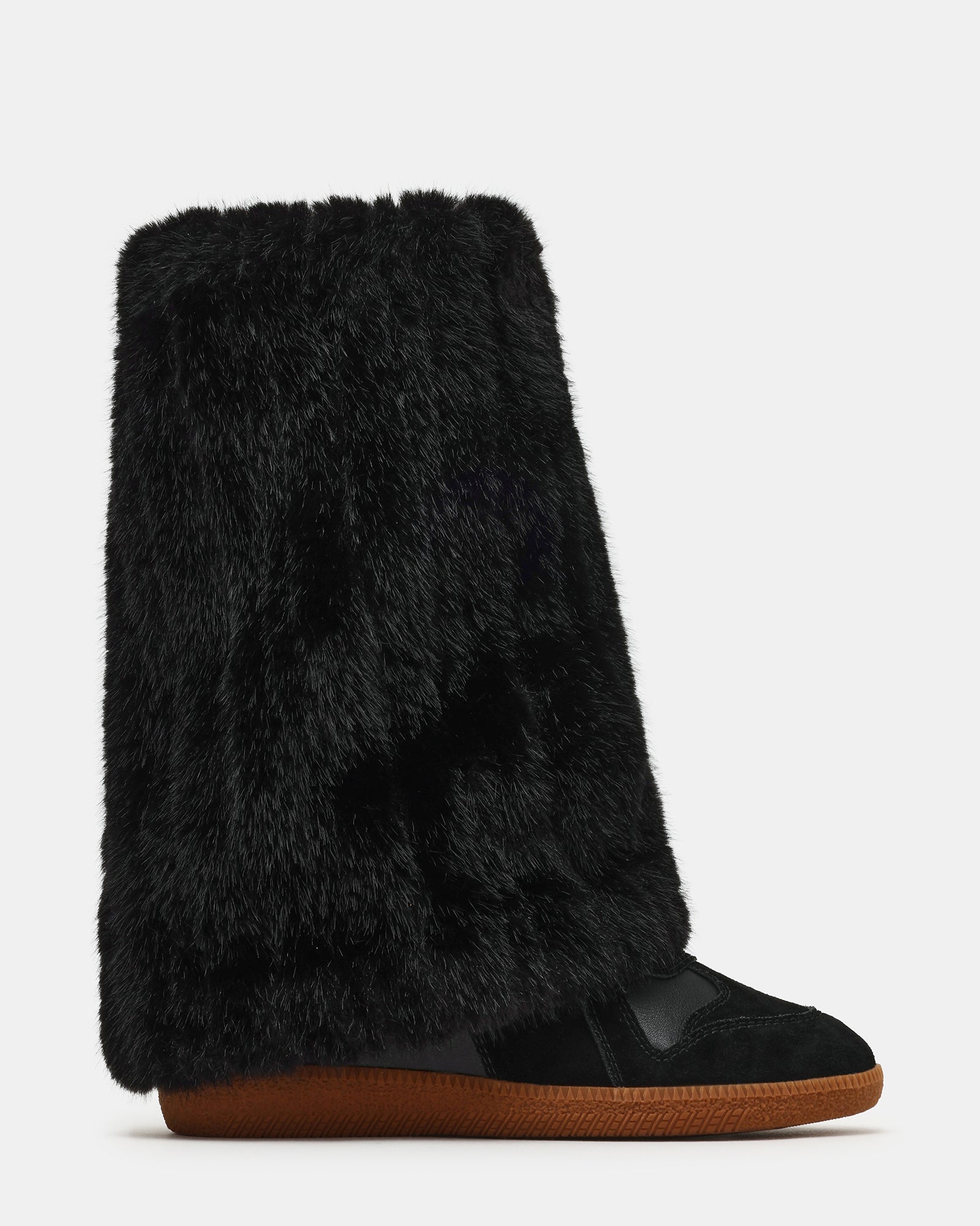 MAVIS Faux Fur Black Suede High-Top Velcro Women's Wedge Sneaker | Steve Madden