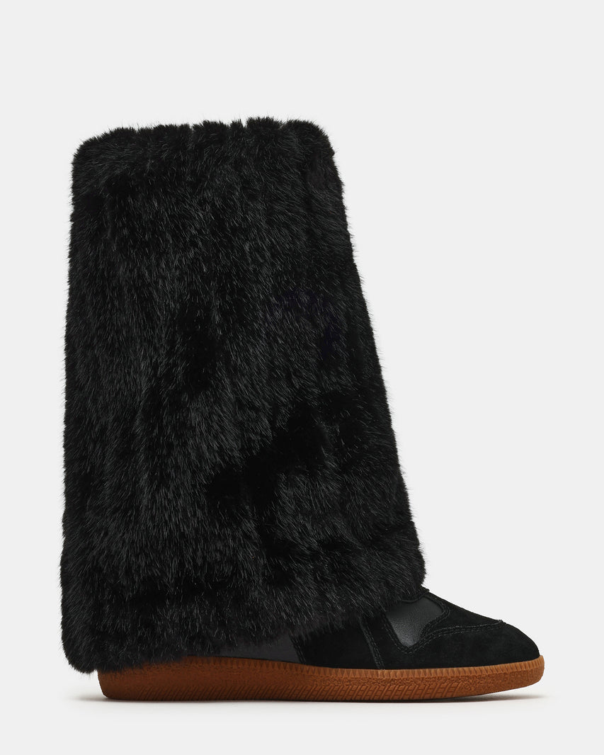 MAVIS Faux Fur Black Suede High-Top Velcro Women's Wedge Sneaker | Steve Madden