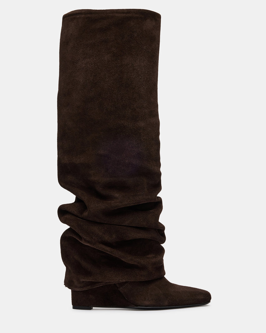MONTANA Brown Suede Knee-High Square-Toe Wedge Fold-Over Women's Boot | Steve Madden