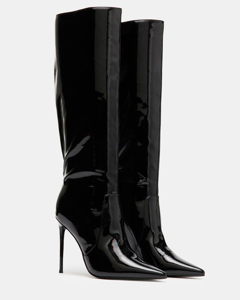 PANTHER Black Patent Knee High Pointed Toe Boot | Women's Boots – Steve ...