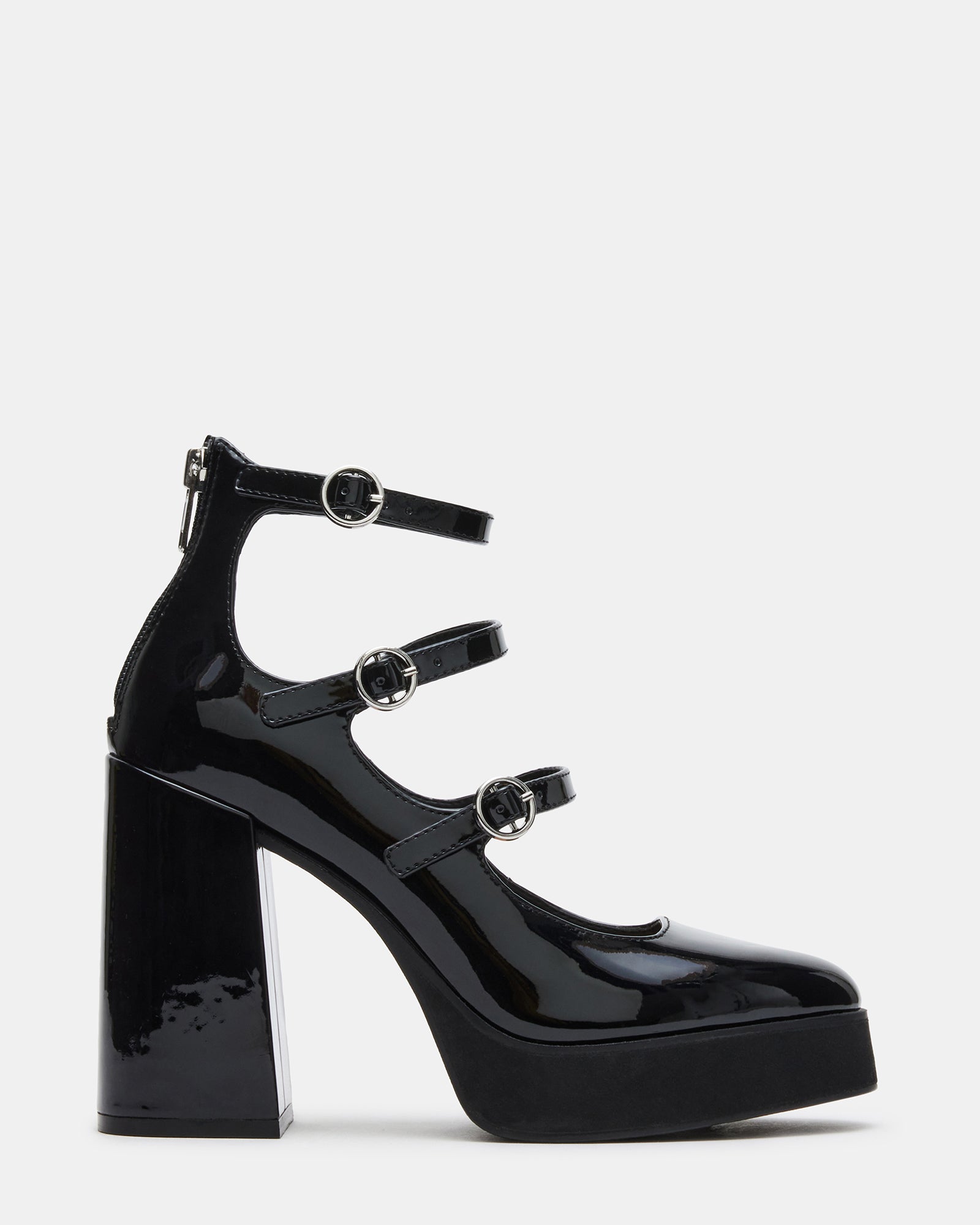 QUAD Black Patent Strappy Platform Mary Janes | Women's Heels | Steve Madden