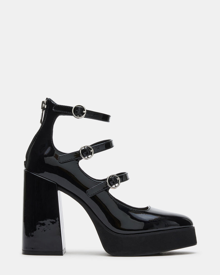 QUAD Black Patent Strappy Platform Mary Janes | Women's Heels | Steve Madden