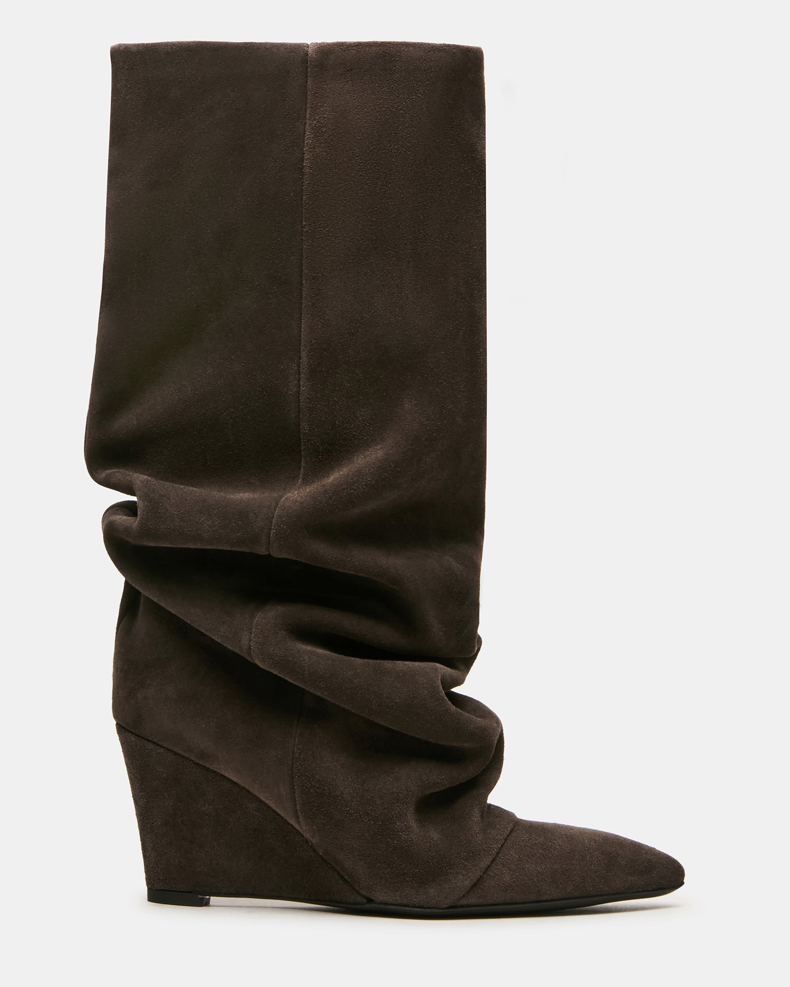 RHYS Dark Taupe Suede Fold-Over Pointed-Toe Knee-High Women's Boot | Steve Madden