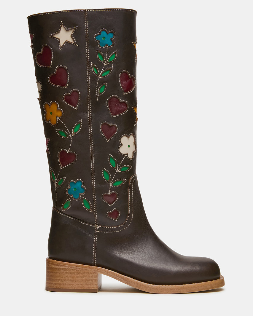RIGGS Floral Brown Leather Square-Toe Women's Boot | Steve Madden