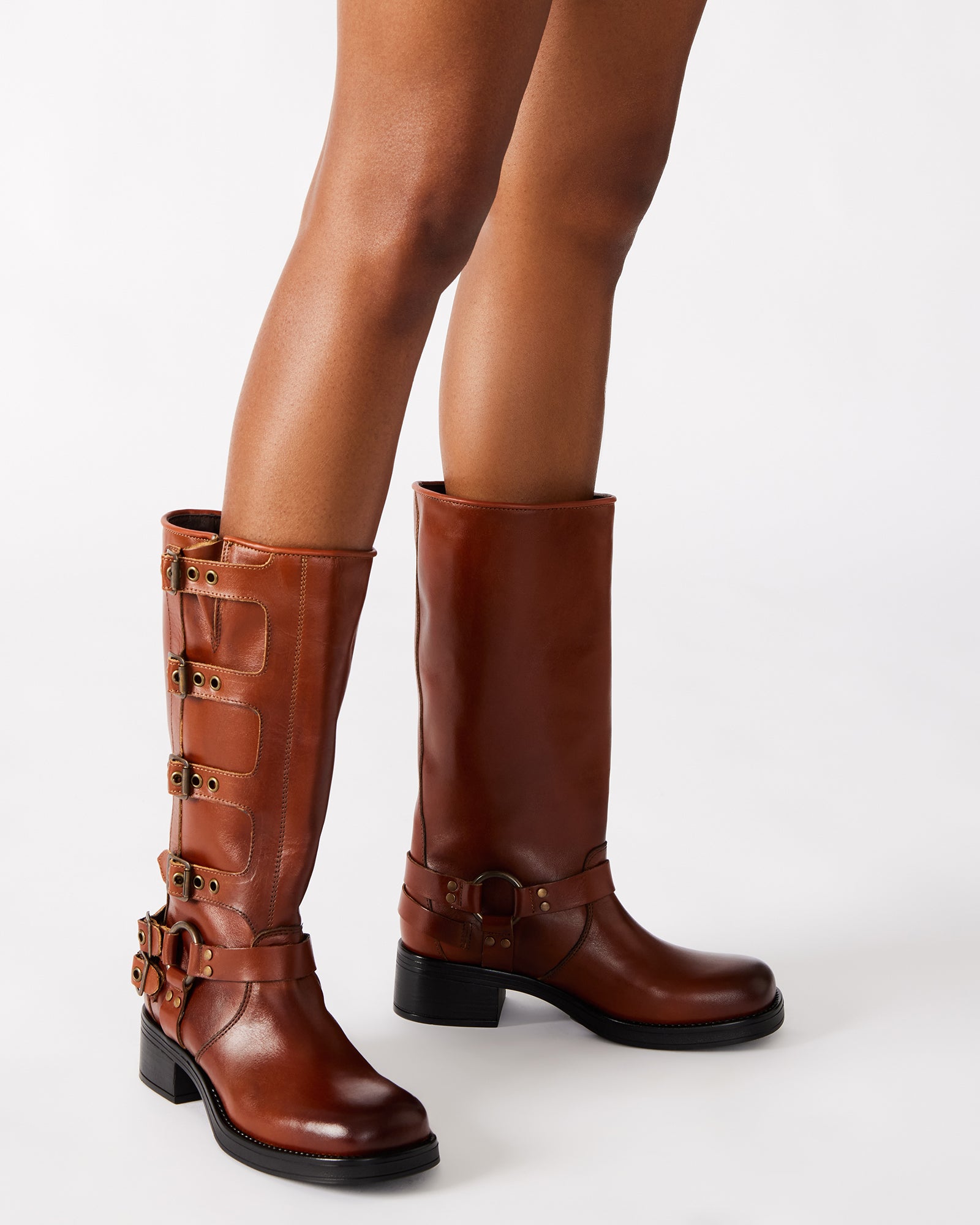 ROCKY Cognac Leather Women's Knee-High Moto Boots â Steve Madden