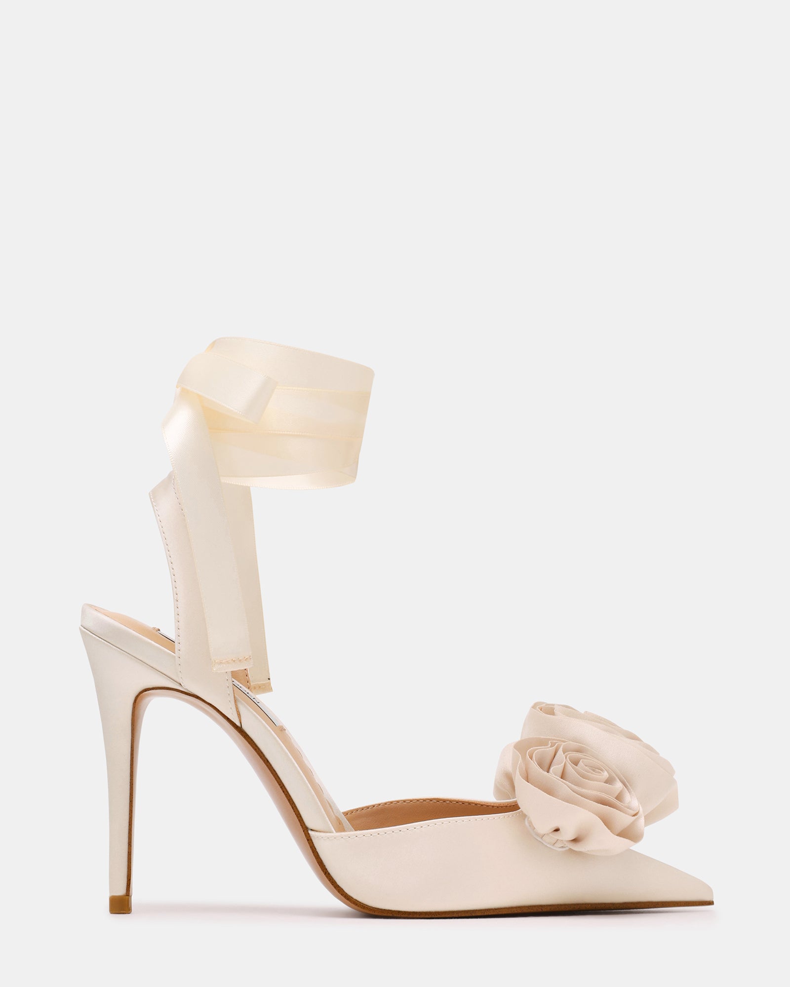 ROSIE Ivory Satin Flower Pointed-Toe Stiletto Leg-Ties Women's Heel | Steve Madden