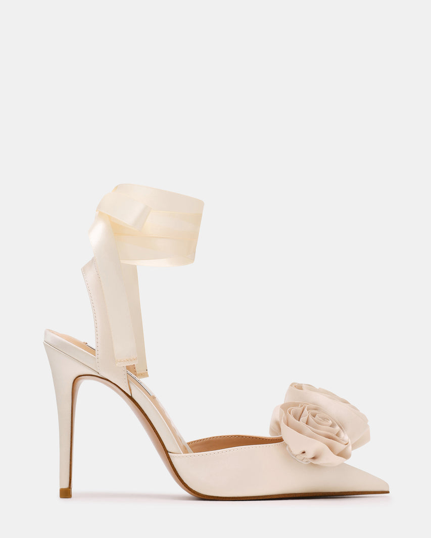 ROSIE Ivory Satin Flower Pointed-Toe Stiletto Leg-Ties Women's Heel | Steve Madden