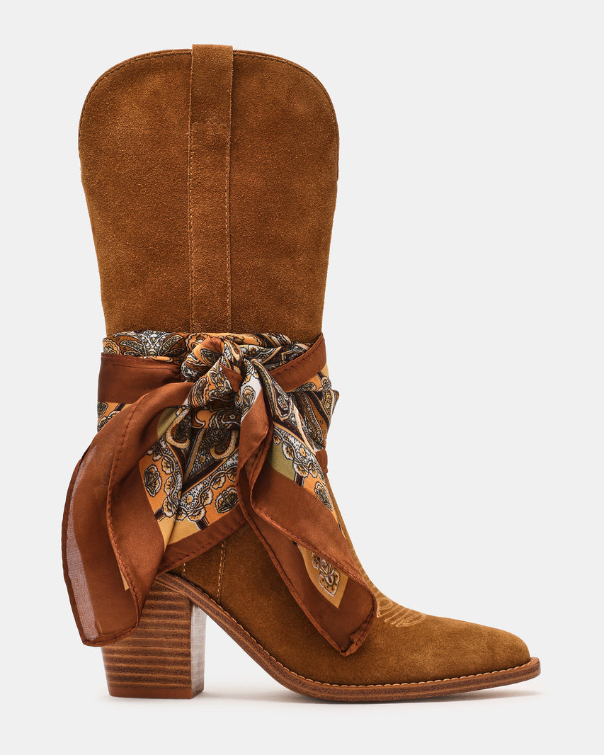 SALLY SCARF Chestnut Suede Pointed-Toe Western Block Heel Women's Boot | Steve Madden