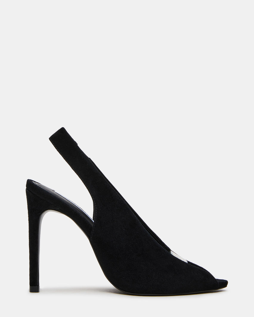 SASHA Black Suede Peep-Toe Stiletto PVC Strap Women's Heel | Steve Madden