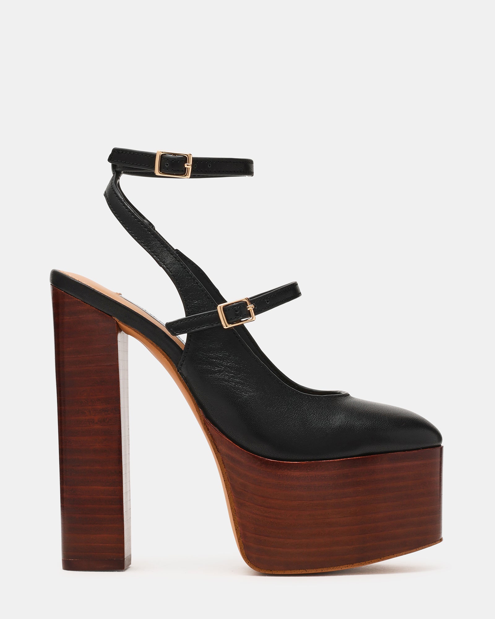 SCOTLYN Stacked Black Leather Mary-Mary Platform Women's Block Heel ...