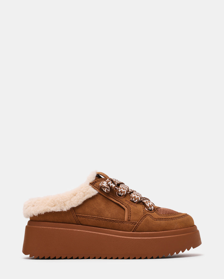 SHALI Chestnut Faux Fur Mule Slip-On Platform Women's Sneaker | Steve Madden