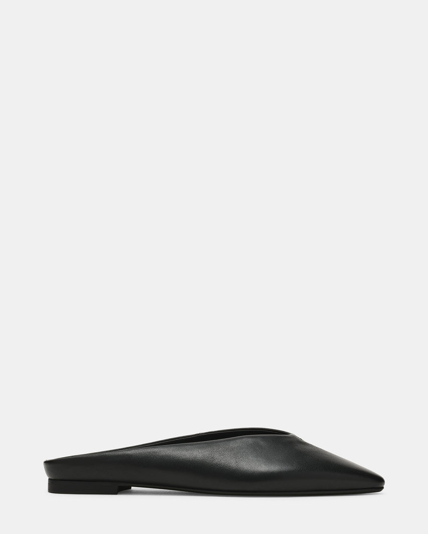 SHERMAN Black Leather Slip-On Mule Almond-Toe Women's Flat | Steve Madden