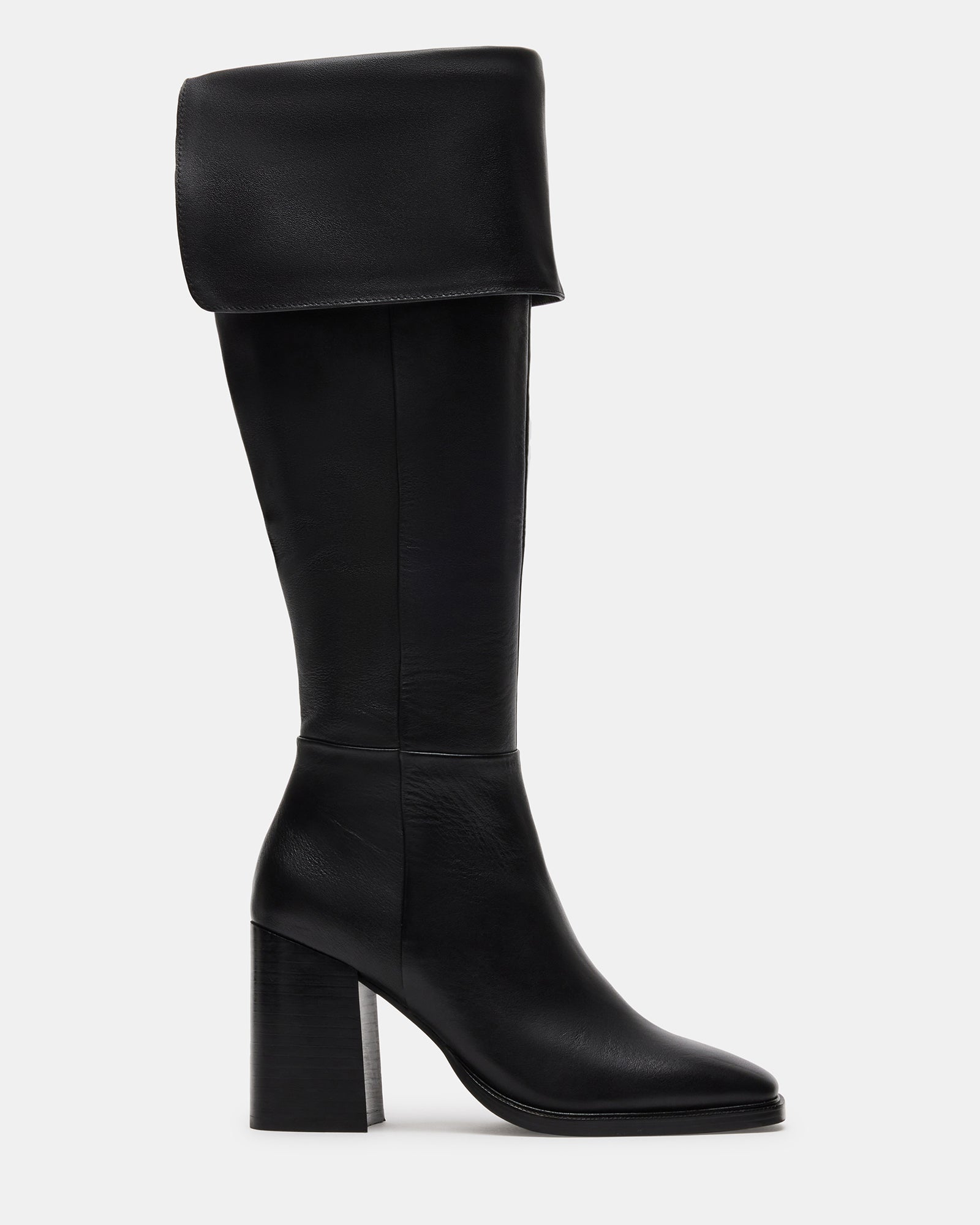 SIERRA Black Leather Block Heel Knee High Cuffed Boot | Women's Boots ...