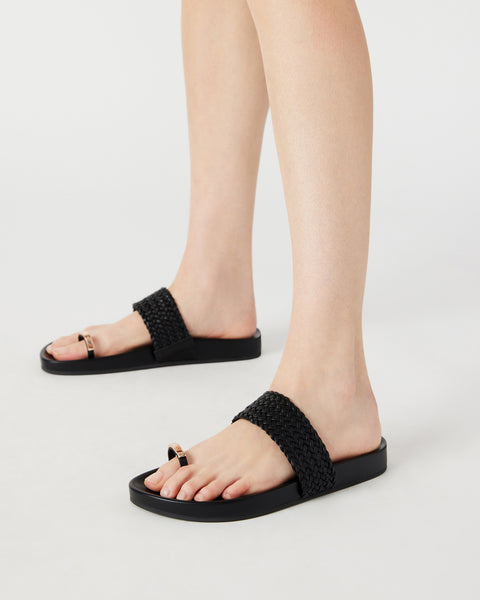 SOMONA Black Leather Braided Thong Sandal | Women's Sandals – Steve Madden