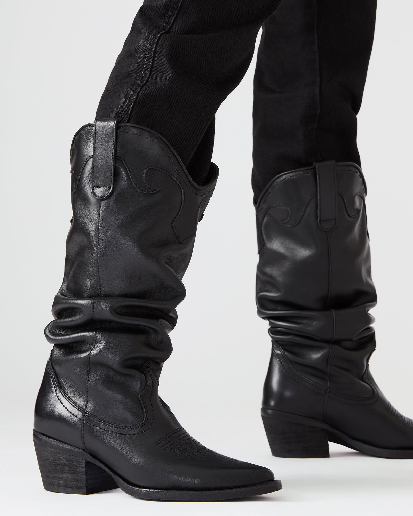 STAGE Black Leather Pointed-Toe Scrunched Western Women's Boot