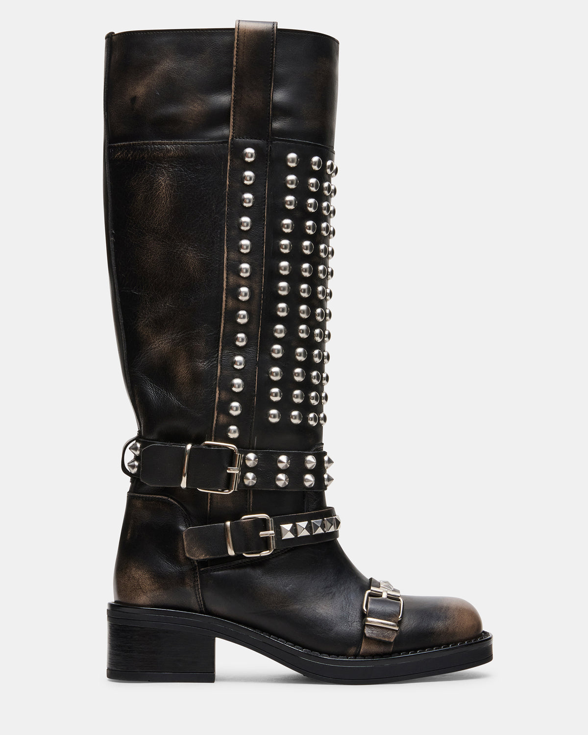 STATIC Black Distressed Studded Buckles Moto Knee-High Women's Boot | Steve Madden