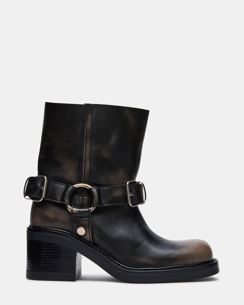 STEEL Black Distressed Moto Buckles Women's Ankle Boot | Steve Madden
